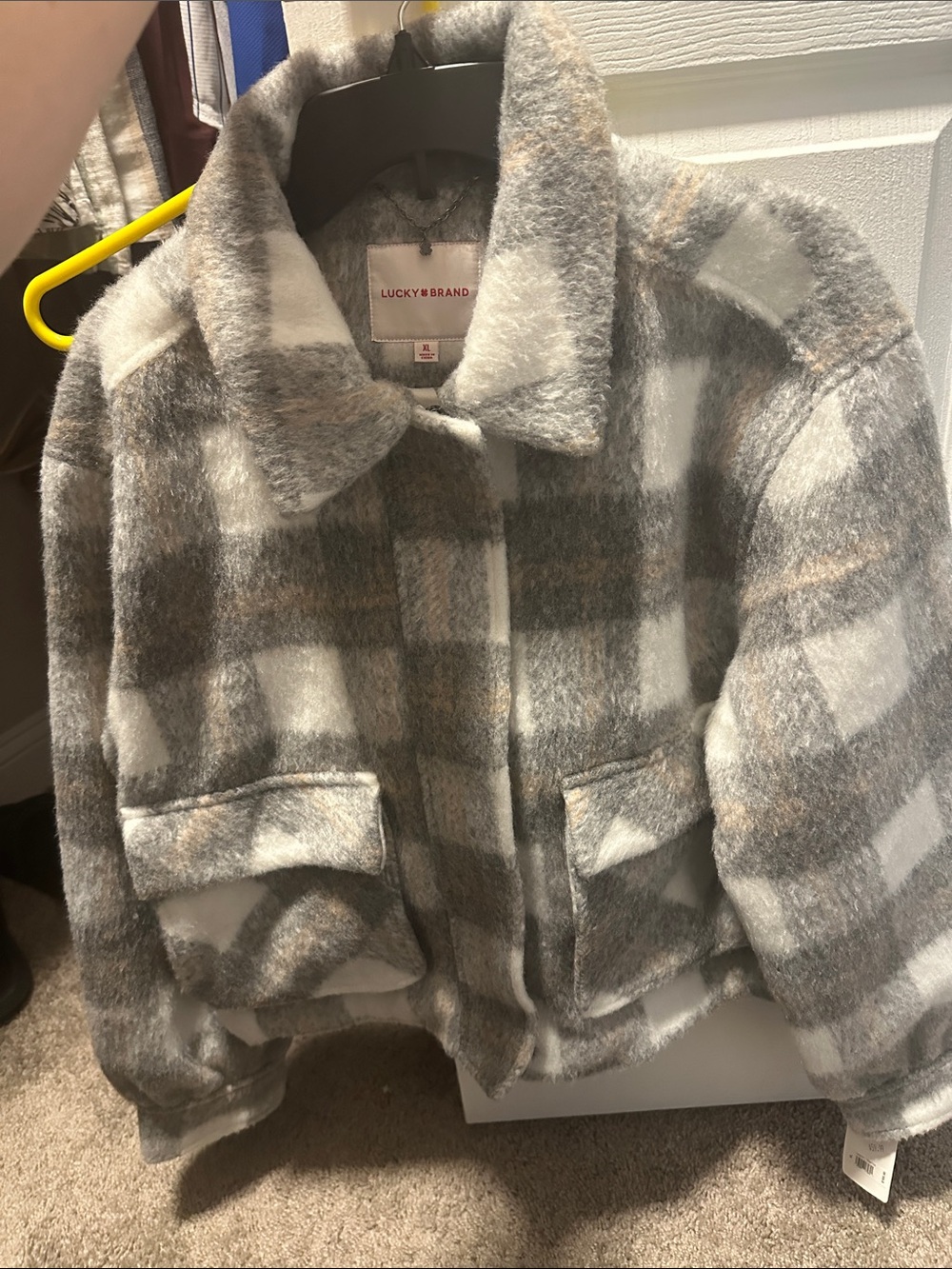 Lucky Brand Gray, Cream & Tan Plaid Fuzzy Shacket